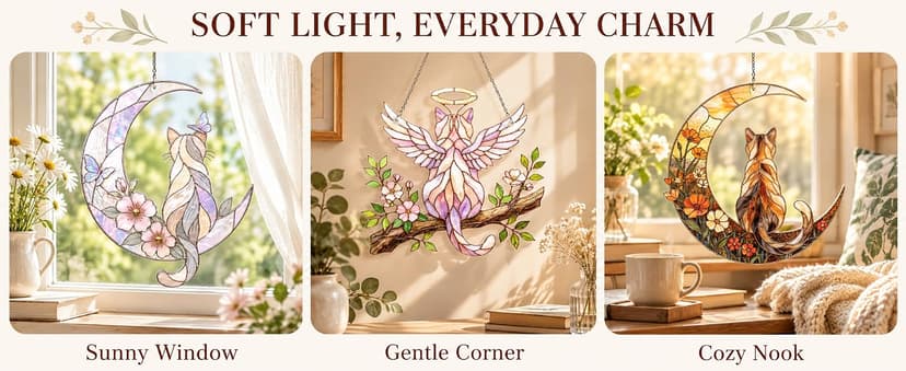 Wavy acrylic suncatcher featuring winged cat moon artwork, designed as a window hanging ornament for home décor and spaces Cat Suncatcher, Pet Memorial Gifts, Window Hanging Ornament 3 (6 Inches) B0HFW19G7L
