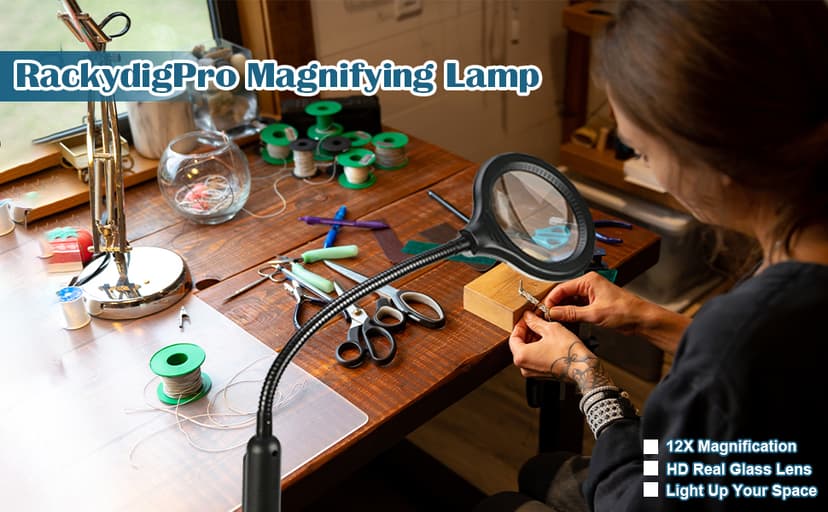 12X Magnifying Glass with Light and Stand, Real Glass, LED 5 Color Modes, Brightness Stepless Dimming Lighted Magnifier Hands Free with Flexible Gooseneck Desk Clamp Lamp for Close Work, Craft, Hobby B0DC3KH6XY