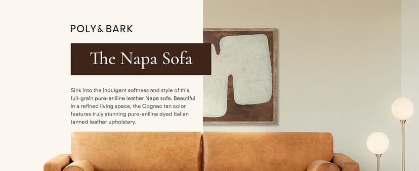 POLY & BARK Napa 88.5" Leather Sofa – Full-Grain Italian-Tanned Aniline Leather, Feather-Down Comfort, Solid Wood Frame, Walnut Legs, Cognac Tan