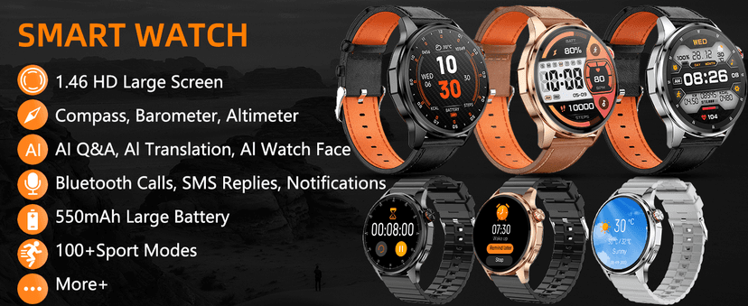 PUBU Smart Watch for Men, Built-in GPS with Map(Answer/Make Call/Text), AI Smartwatch for Android Phones/iPhone, 100+ Sport Mode Fitness Tracker with Health/Sleep Monitor, Compass/Barometer(2 Bands)