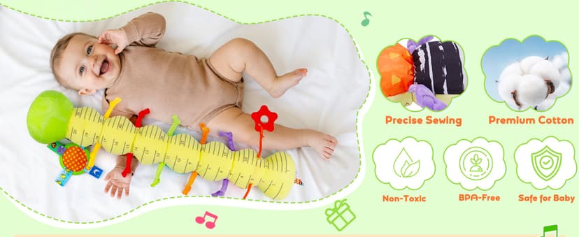 Baby Sensory Toy 0-6 Month Music Animal Stuffed Plush Caterpillar Toy for Infant 0-3-6-12 Month Old Tummy Time with Baby Mirror Crinkle Rattle Carseat Toys for Newborn Boys Girl Shower Gifts