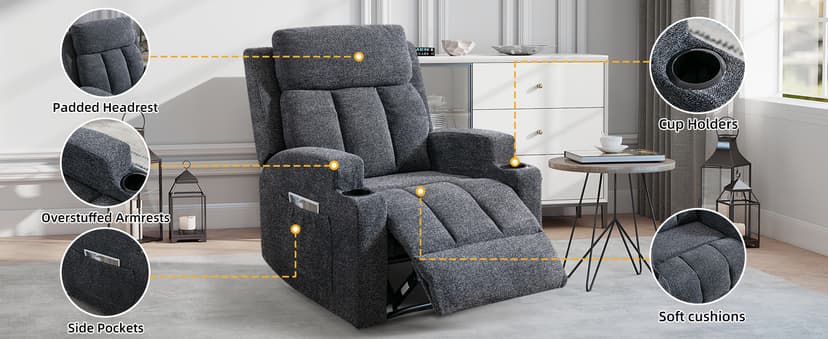 CANMOV Manual Recliner Chair with Massage and Heat, Soft Fabric Recliner Chair with Overstuffed Arm and Back, Manual Reclining Single Sofa with 2 Cup Holders, Side Pocket for Living Room, Dark Grey