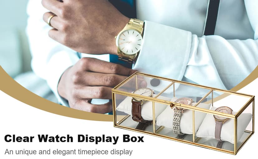 JUXYES JUXYES Clear Glass Watch Display Case with 3 Slots, Luxury Brass Glass Watch Organizer Holder Stand with White Watch Pillow, Modern Transparent Watch Collection Box for Men and Women, Gold
