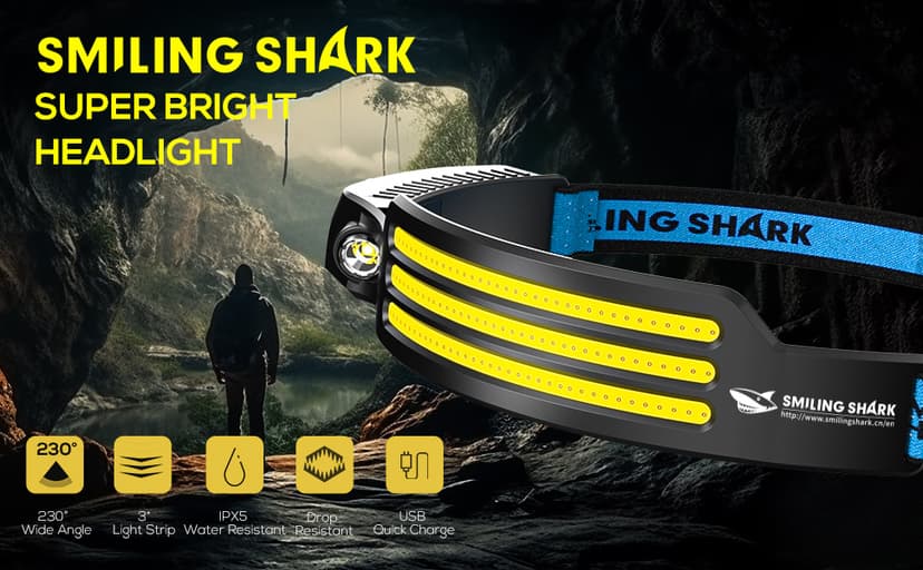 Smiling Shark LED Headlamp, 230°Wide Angle 3*White Light 2 Pack The Brightest Head Lamp Rechargeable Waterproof Headlight for Camping Hiking Outdoor, Head-Lamp-LED-Frontale-Light