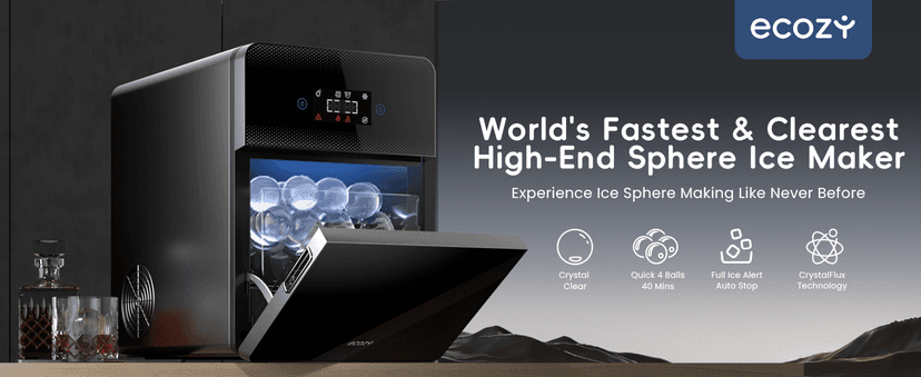 ecozy 2" Clear Ice Ball Maker Countertop with CrystalFlux Technology, 4 pcs in 40 Mins, 144 pcs/Day, Sphere Ice Maker with Automatic Water Supply, Self-Cleaning, Enhanced Insulation for Whiskey Bar