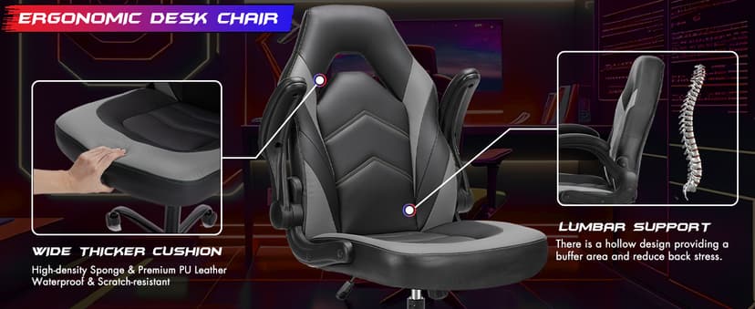 Sweetcrispy Computer Gaming Desk Chair - Ergonomic PU Leather with Comfy Lumbar Support, Height Adjustable Rolling Desk with Flip-up Armrests, for Home and Office
