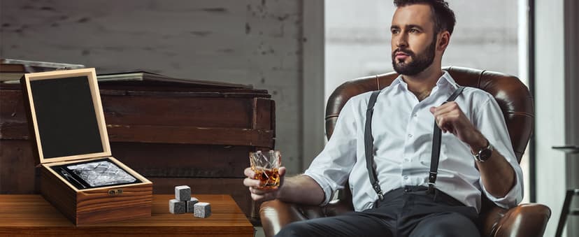 Whiskey Stones Gift Set - Bourbon Stones Gift for Men - 4 Granite Chilling Whiskey Rocks - Whiskey Glass and Stones Set - Drinking Gifts for Men Dad Husband Birthday Father's Day Groomsmen Gifts