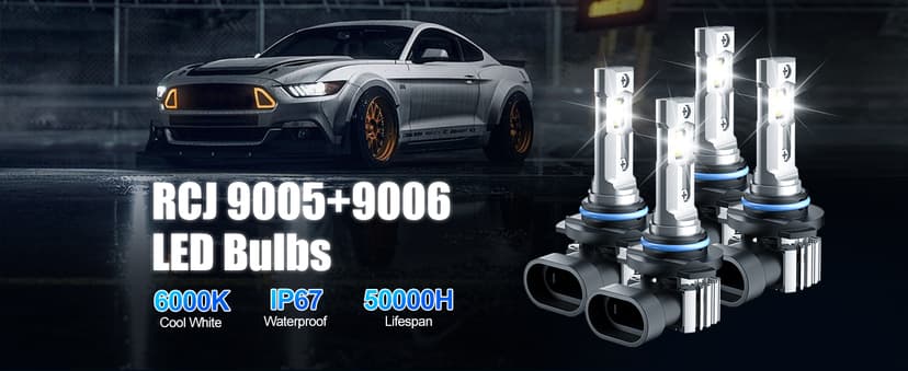 RCJ 9005 9006 Bulbs Combo, 600% Brightness 9005/HB3 High 9006/HB4 Low Dual Beam Bulbs, 6000K Cool White, Plug and Play, IP67 Waterproof, Pack of 4