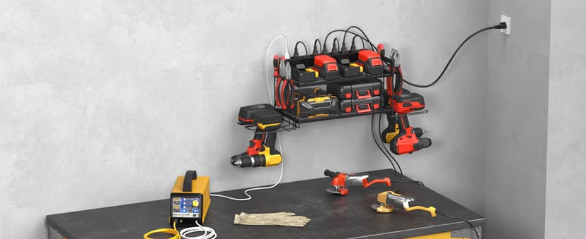 CCCEI Garage Tools Storage with Charging Station. Power Tool Battery Organizer Utility Shelf with Power Strip. 4 Drills Holder Wall Mount Rack, Black.