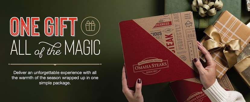 Omaha Steaks Deluxe Gift Package (4 Bacon-Wrapped Filet Mignons, 4 Steak Burgers, 4 Gourmet Jumbo Franks, 4 Potatoes au Gratin, 4 Caramel Apple Tartlets, 1 jar Omaha Steaks Seasoning)