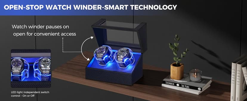 ANWBROAD ANWBROAD Watch Winder for Automatic Watches, Double Automatic Watch Winder Box with Quiet Japanese Motor, 4 Modes Dual Watch Winder wIth LED Light, Type-C Adapter, UJWW016C
