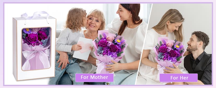 Waipfaru Preserved Flowers, Purple Fresh Bouquet with Gift Box, Flowers for Delivery, That Last 1-3 Years, Forever Flowers for Women Birthday Gift, Anniversary, Teacher, Mother Day