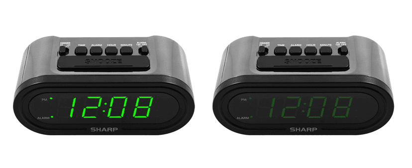 Sharp Digital Alarm with AccuSet - Automatic Smart Clock, Never Needs Setting - Great for Seniors, Kids, and Everyone who Doesn't Want to Set a Clock! Silver Case with Green LEDs