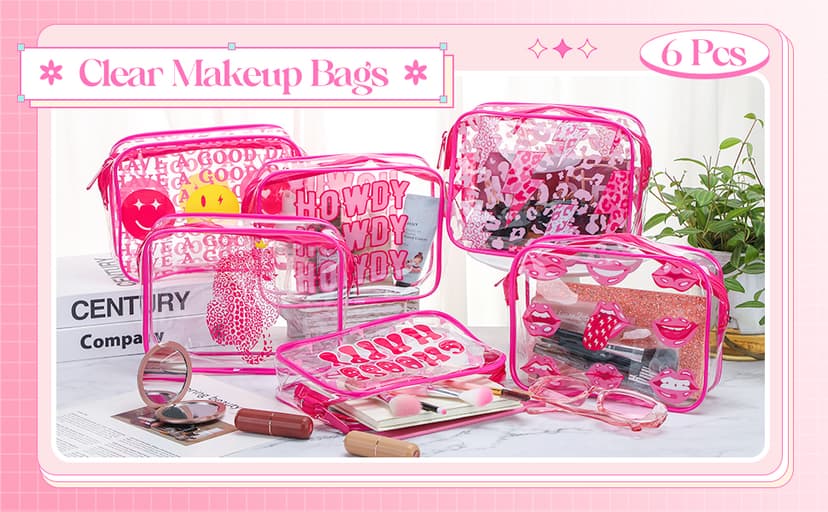 Cunno 6 Pcs Makeup Bags Gifts for Women Preppy Boho Smile Face Flamingo Clear Makeup Bags Cosmetic Transparent PVC Travel Toiletry Organizer(Boho Style)