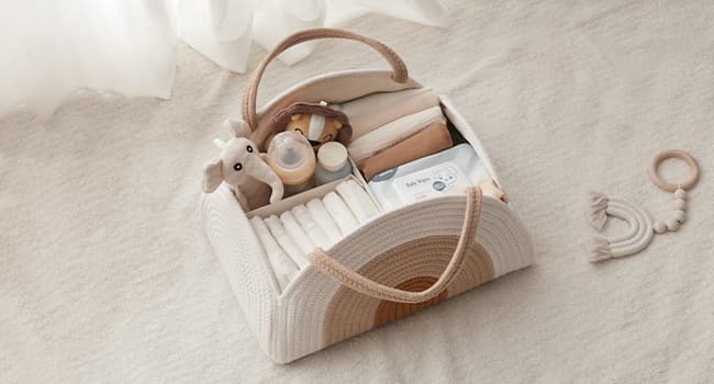 Blissful Diary Baby Diaper Caddy Organizer, Cotton Rope Diaper Caddy Basket, Large Storage Basket for Newborn Boys and Girls, Gift for Baby Shower List, Newborn Essentials, Earthy Rainbow