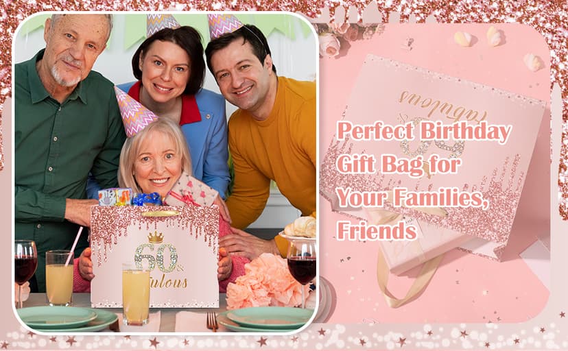 Yoirrat Rose Gold 60th Birthday Gift Bag for Women 60 & Fabulous Large Pink Happy 60th Birthday Gift Bag with Wrapping Paper and Card for 60th Bday Decorations Party Supplies