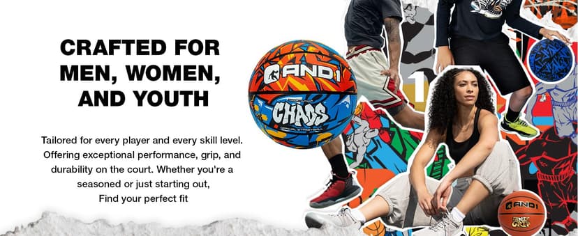 AND1 Chaos Rubber Basketball: Game Ready, Office Regulation Size (29.5”) Streetball, Made for Indoor/Outdoor Basketball Games- Graffiti Series