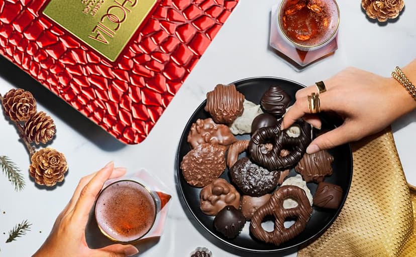 Christmas Chocolate Gift Basket, Gourmet Chocolates Variety Snack Box, Assorted Food Arrangement Platter, Birthday Present, Holiday, Corporate Parties, Sympathy, Candy Gifting Idea, Him, Her, Men, Women, Family (Ruby Red)