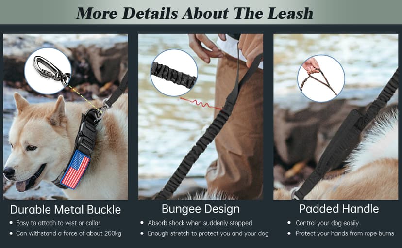 Tactical Dog Collar and Bungee Leash,Military Dog Collar & Leash Set with USA American Flag Adjustable K9 Collar with Heavy Duty Metal Buckle & Handle,with Patches and Airtags Case (L, Black)
