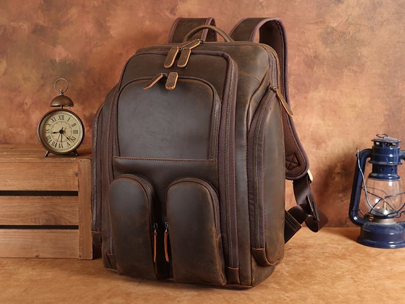Masa Kawa Leather Backpack for Men with 16" Laptop & Camera Lens Sleeve, Multi Pockets Weekend Trip Business Travel Overnight Camping Bag, Vintage Brown