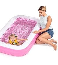 2-in-1 Inflatable Kiddie Pool, 65"x39"x10" (5'5") Soft Cushioned Floor, Handles, Drain, Shallow Rectangular Blowup Swimming Pool for Kids Age 2+ Toddler Ball Pit, Small Adult Backyard Tanning Pool