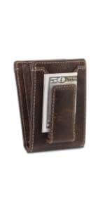 House of Jack Co. Ivor Bifold Money Clip Wallet for Men, Slim Front Pocket Wallet with Strong Magnetic Clip, Exterior ID Window, Full Grain Cowhide, Brown
