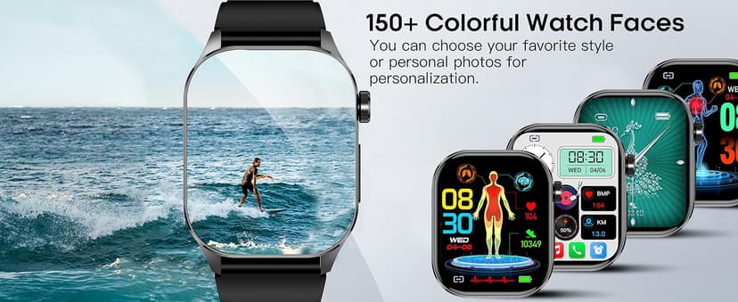 Smart Watch for Men Women, 2.04" AMOLED Color Screen, 24/7 Heart Rate, Blood Oxygen, Blood Pressure, Sleep and Stress Health Monitor, Blood and Body Composition Insights, 150 Sports Modes (Black)