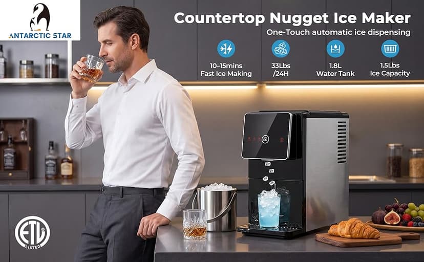 Antarctic Star Nugget Ice Maker Countertop, 33 Lbs/24H, Automatic Ice Dispenser, Self-Cleaning Portable Ice Machine, 1.8L Water Tank, Touch Screen & Auto Ice Drop, for Home/Office/Kitchen
