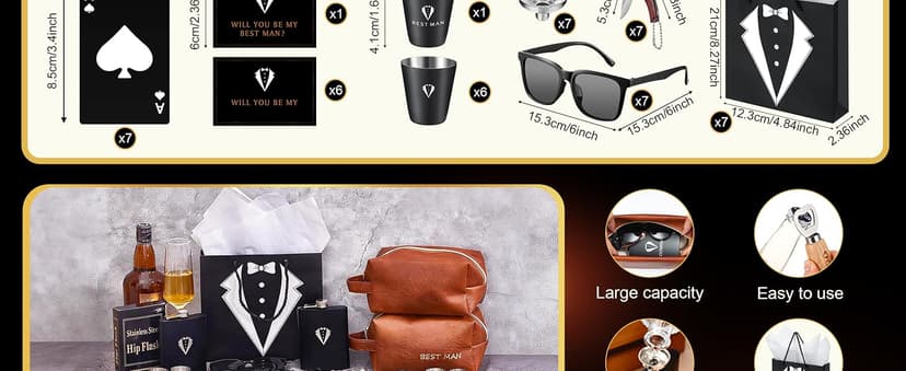 Complete Groomsmen Proposal Gift Set for Wedding with Flasks Shot Glasses Toiletry Bags Sunglasses Gift Cards and Bags Rigibright 70 Pcs Groomsmen Gifts Set of 7 for Wedding Best Man Gift B0DNW32F5Z