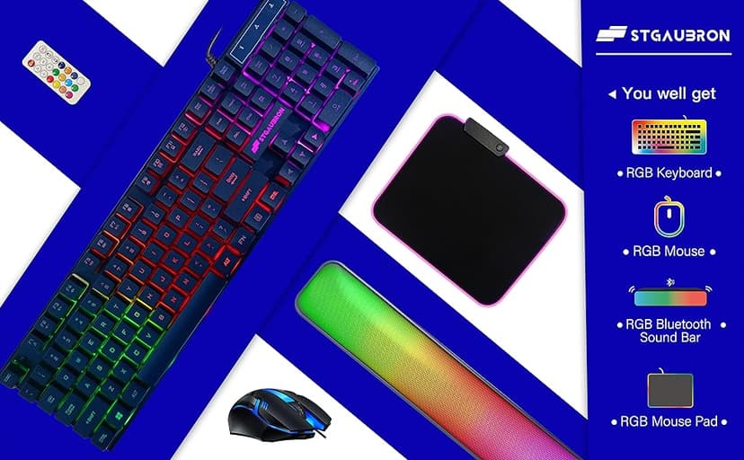 STGAubron Gaming PC Desktop Computer, Intel Core I7 up to 3.9 GHz, Radeon RX 580 8G, 16G RAM, 512G SSD, WiFi, Bluetooth 5.0, RGB Fan x6, RGB BT Sound Bar, Windows 10 Home