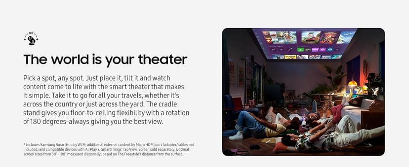 Samsung 30” - 100” The Freestyle 2nd Gen with Gaming Hub Smart Portable Projector, FHD, HDR, Big Screen Home Theater Experience, 360 Sound, SP-LFF3CLAXXZA, 2023 Model