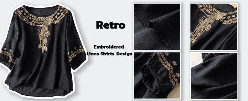 MGWTFZDL Linen Shirts for Women Summer Retro Embroidered 3/4 Sleeve Boho Peasant Tops Dressy Casual Blouses