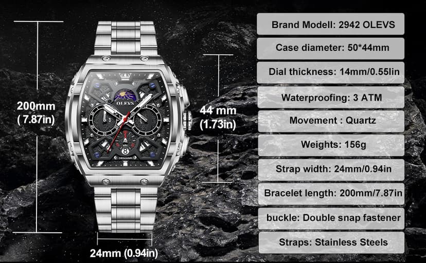 OLEVS Watches for Men Analog Quartz Luxury Diamond Waterproof Chronograph Stainless Steel Big Face Square Date Moon Phase Roman Numeral Dress Watch for Men