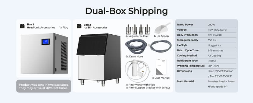 22" Commercial Nugget Ice Maker Machine 420LBS/24H with 350LBS Storage Bin, Nugget Ice Style, Air Cooled Powerfull Compressor, Industrial Nugget Ice Machine for Business