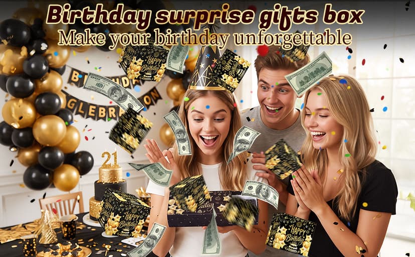 JAPDNK Happy Birthday Surprise Gift Box Explosion for Money, Pop Out Explosion Gift Box with Bounce Money Holder and Confetti, Birthday Money Bank, Birthday Gifts for Women Men B0H5C6R8DF