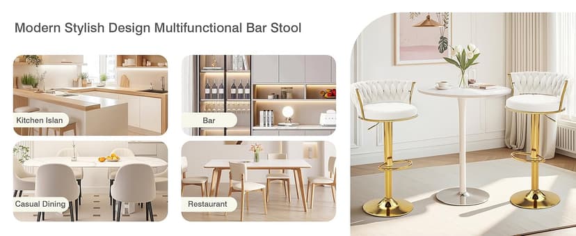 VECELO Bar Stools Set of 2, Adjustable Barstools Counter Height Stools with Back and Arm, Velvet Woven Kitchen Island Stools w/Gold Metal Leg & Base, 360° Swivel Bar Chair for Pubs Dining Room, White