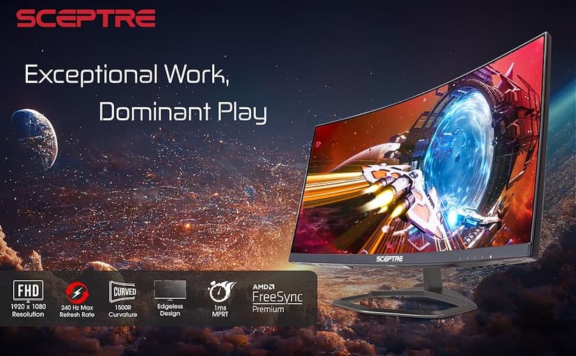 Sceptre Curved 24.5-inch Prime Gaming Monitor up to 240Hz 1080p R1500 1ms DisplayPort x2 HDMI x2 Blue Light Shift Build-in Speakers, Machine Black 2025 (C255B-FWT240 Series)