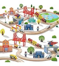 Tiny Land 110pcs Wooden Train Set with Folding Storage Box, Wooden Train Track Toy for Boys & Girls, Age 3-7, Includes Convenient Storage