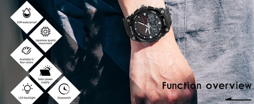 FANMIS Men's Solar Powered Casual Quartz Wrist Watch Analog Digital Multifunctional Black Sports Watch