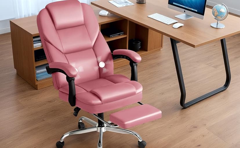 Shahoo Executive Office Chair with Massage, Ergonomic Reclining High Back Leather Seats with Footrest and Lumbar Support, Big and Tall, 400Lbs Heavy Duty, Pink
