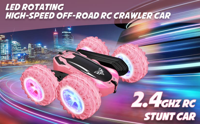 Remote Control Car, 2.4GHz RC Stunt Car, Double Sided 360° Rotating RC Cars with LED Headlight & LED Wheel, High Speed Off Road RC Crawler Xmas Gift for 3 4 5 6 7 8-12 Year Old Girls Toys (Pink)