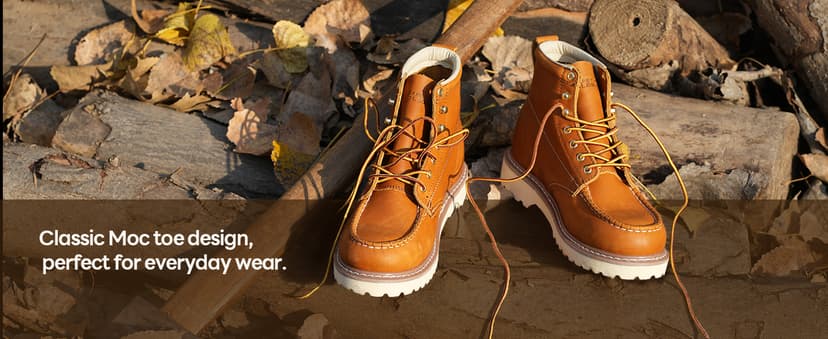 SAFETY LOONG Moc Toe Work Boots for Men Soft Toe Comfortable Full-Grain Leather 6" Non Slip and Water Resistant Safety Ankle Workboots