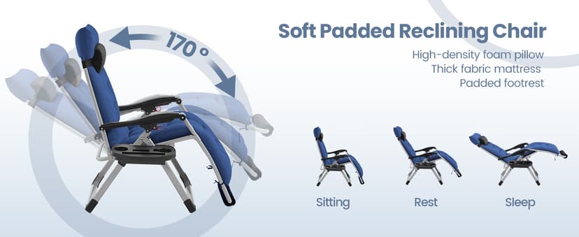 Yaheetech Zero Gravity Chair, Folding Reclining Lounge Recliner with Removable Pad & Headrest & Side Cup Holder Tray for Indoor and Outdoor Navy Blue/1