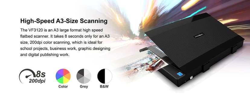 VIISAN 3120 A3 Flatbed Scanner, 1200 DPI, CIS Sensor, Scan 11.7" x 16.7" in 8 sec, Frameless, Auto-Scan, Document & Photo & Book Scanner, Design for Library, School and Soho. Supports Windows & Mac