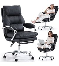 LEAGOO Office Chair with Foot Rest, Ergonomic Executive Office Chair with Arms, Reclining High Back PU Leather Comfy Swivel Computer Desk Chairs with Wheels and Lumbar Support for Home Office, Cream