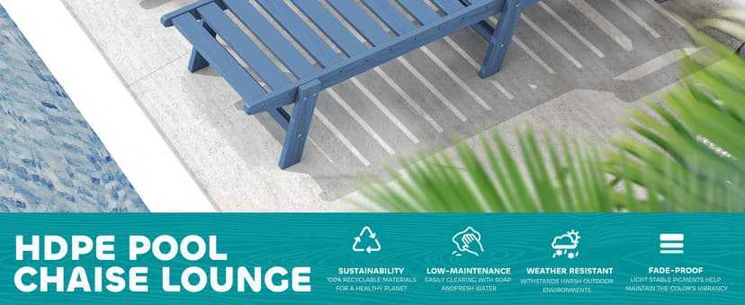 SERWALL Patio Chaise Lounge Chair Set of 2, 78'' Long 5-Positions Adjustable HDPE Outdoor Lounger for Pool, Poly Lounge Chair with Rolling Wheels & Cup Holder for Poolside, Deck, Blue