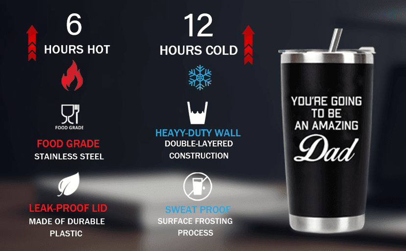 New Dad Gifts For Expecting Dad to be Father’s Day First Time Gifts 20oz Black Insulated Stainless Steel Tumbler Cup Birthday Baby Shower Gender Reveals Presents Christmas Gift Ideas