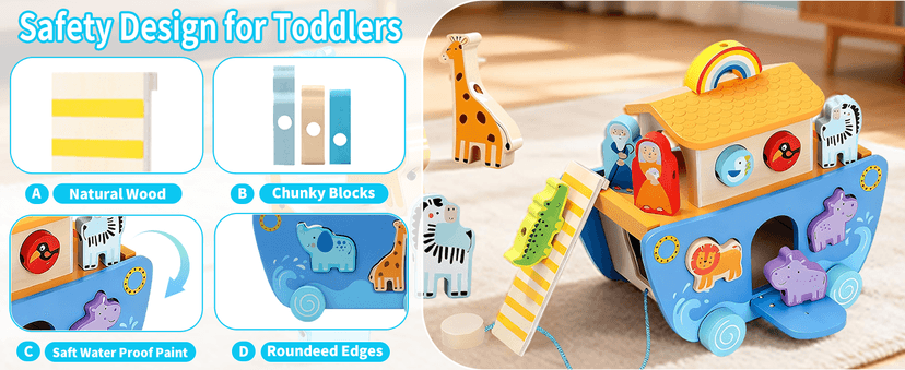 Wooden Noah's Ark Toy with Animal Shape Sorter,Baptism Gifts for 1 2 3 4 Years Old,Montessori Toys for Toddlers,Baptism Gifts for Boys and Girls,24 Months Babies