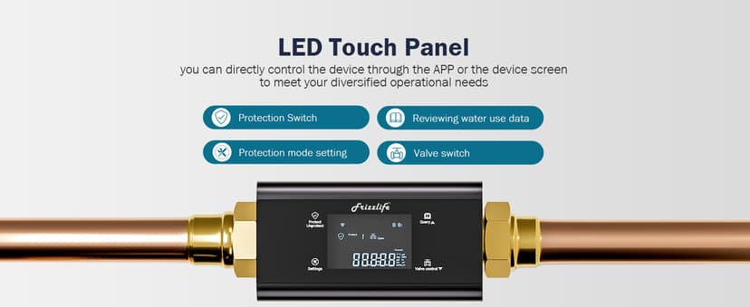 Frizzlife LP365 Smart Water Monitor and Automatic Shutoff - 0.01GPM Ultrasonic Micro Leak Detection, APP Wi-Fi Remote Control, Real-Time Flow/Temp Monitoring, 24/7 Water Usage Reports, 3/4" and 1"