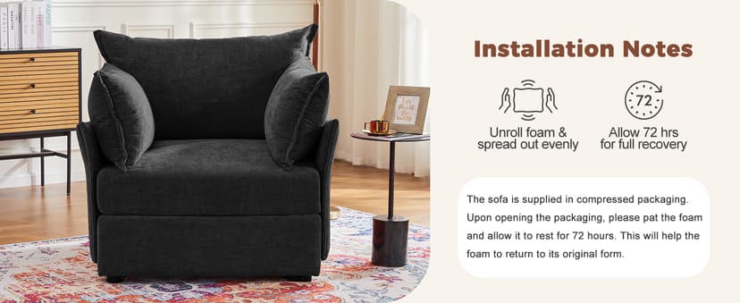 ABCASA Black Oversized Accent Chair with Removable & Washable Chenille Cover, Modern Mid-Century Upholstered Armchair, Deep Seat Comfy Reading Chair for Living Room, Pet & Kid Friendly